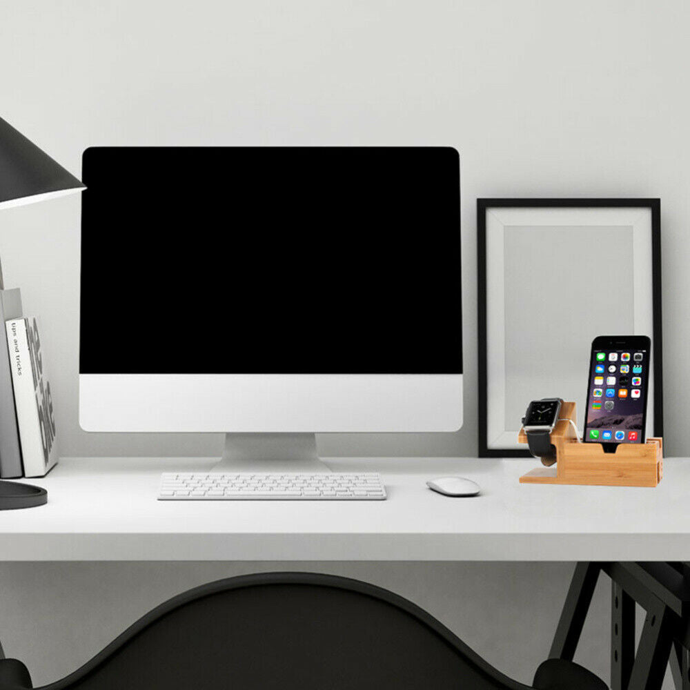 Bamboo Charging Station — on desk with monitor