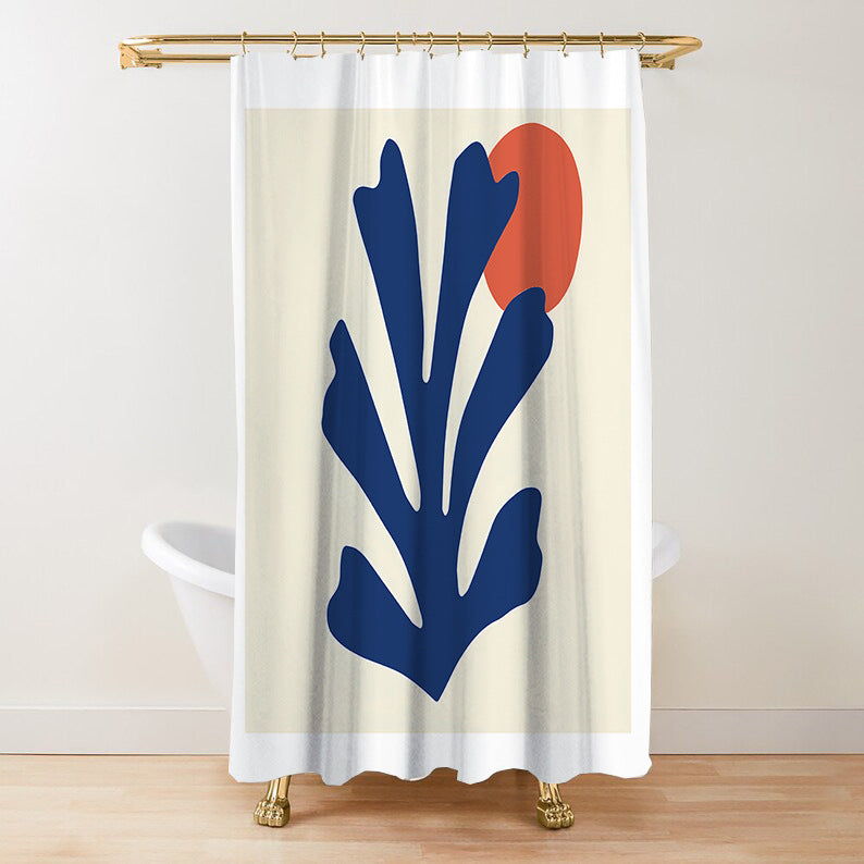 Matisse style leaf print shower curtain in navy and orange