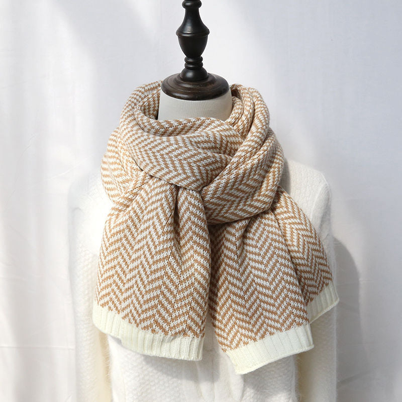 Herringbone Knit Scarf — khaki scarf styled on a mannequin