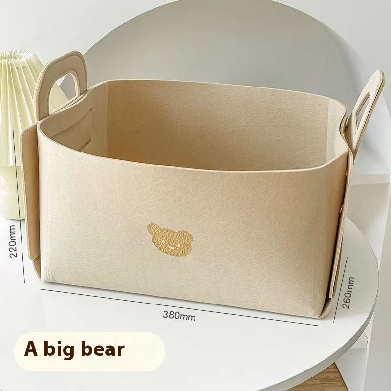 Felt Desk Organizer — beige felt basket with bear embroidery