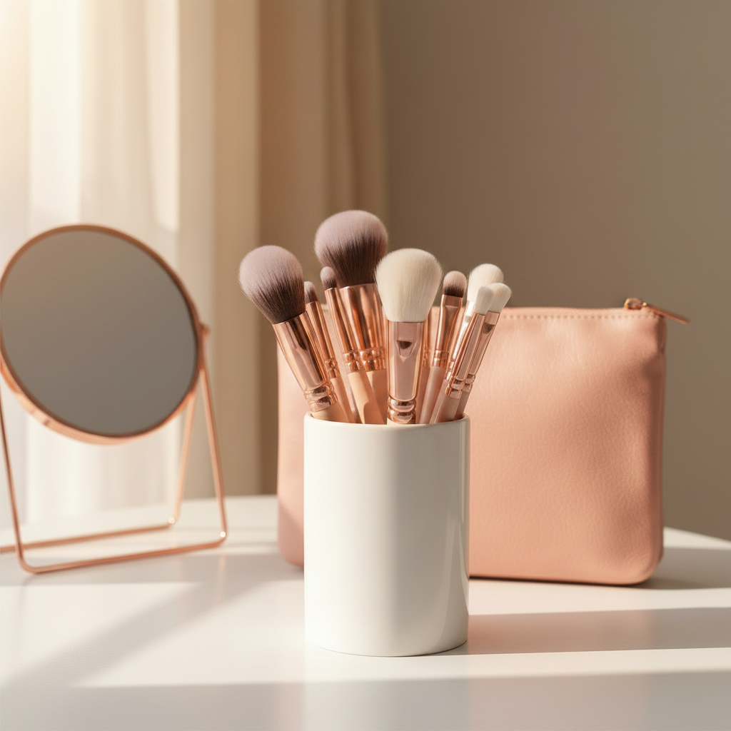Pink makeup brushes fanned in a white ceramic cup on a bright vanity table beside a small mirror