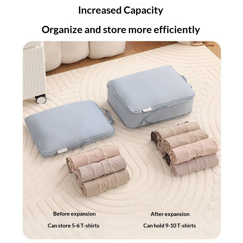Before and after comparison showing packing cubes increasing suitcase capacity