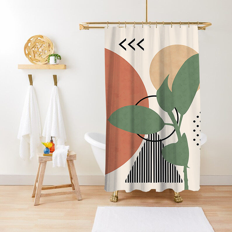Green arc pattern shower curtain on a wooden rod