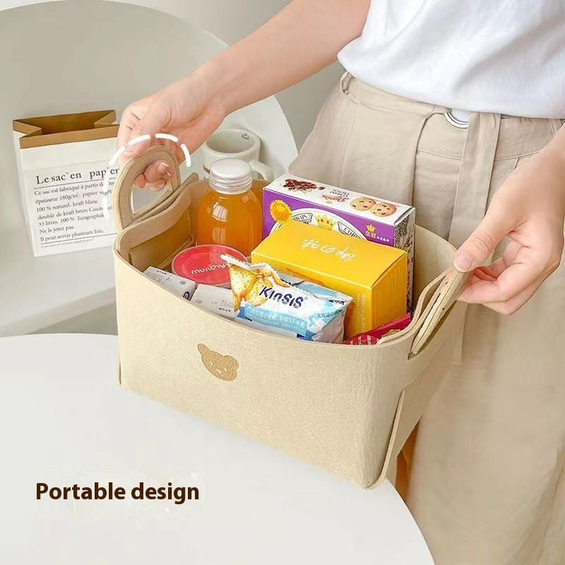 Felt Desk Organizer — carrying the felt basket filled with snacks