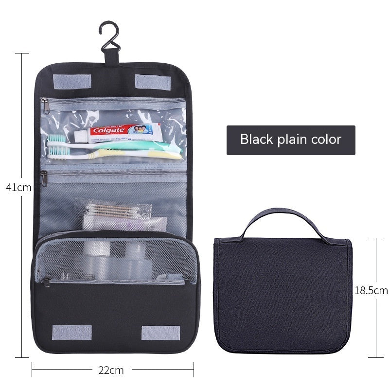 Hanging toiletry bag open on hook, packed with travel essentials
