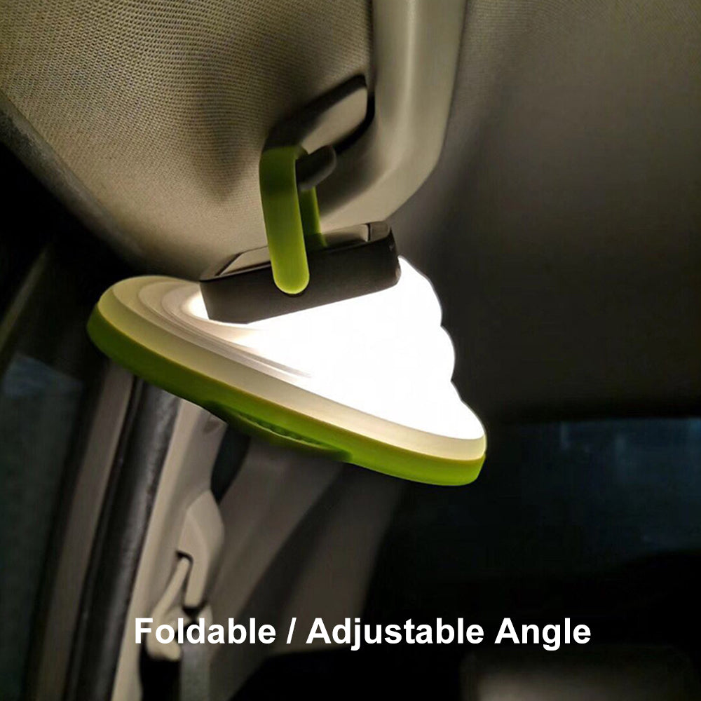 Camping lantern hanging by its foldable adjustable handle