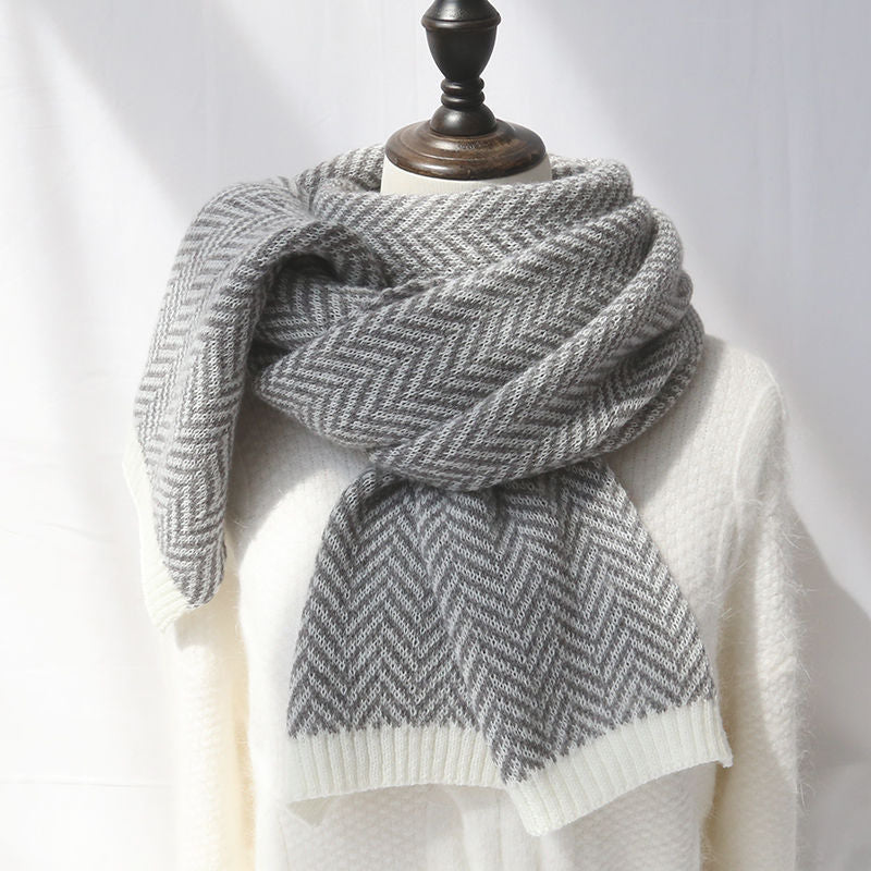 Herringbone Knit Scarf — grey scarf styled on a mannequin