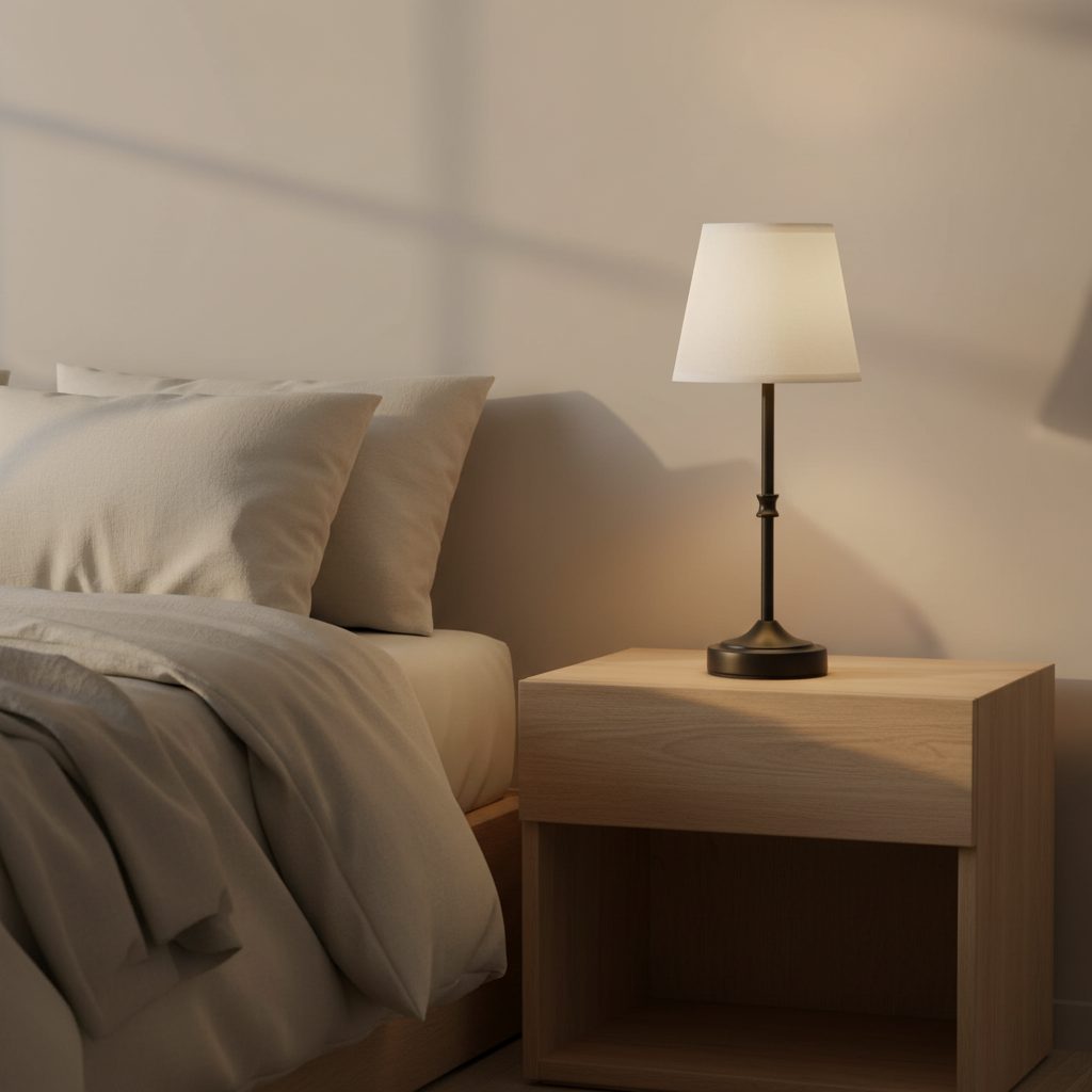 Standard size black cordless table lamp glowing warm on an oak nightstand beside a bed