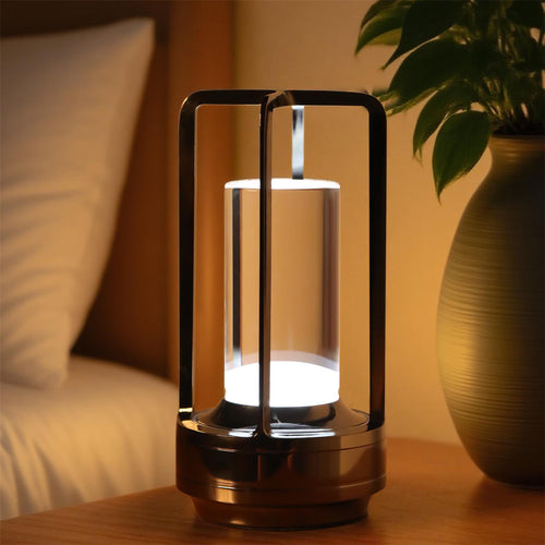 Single cordless accent lamp lit warm on a table beside a plant