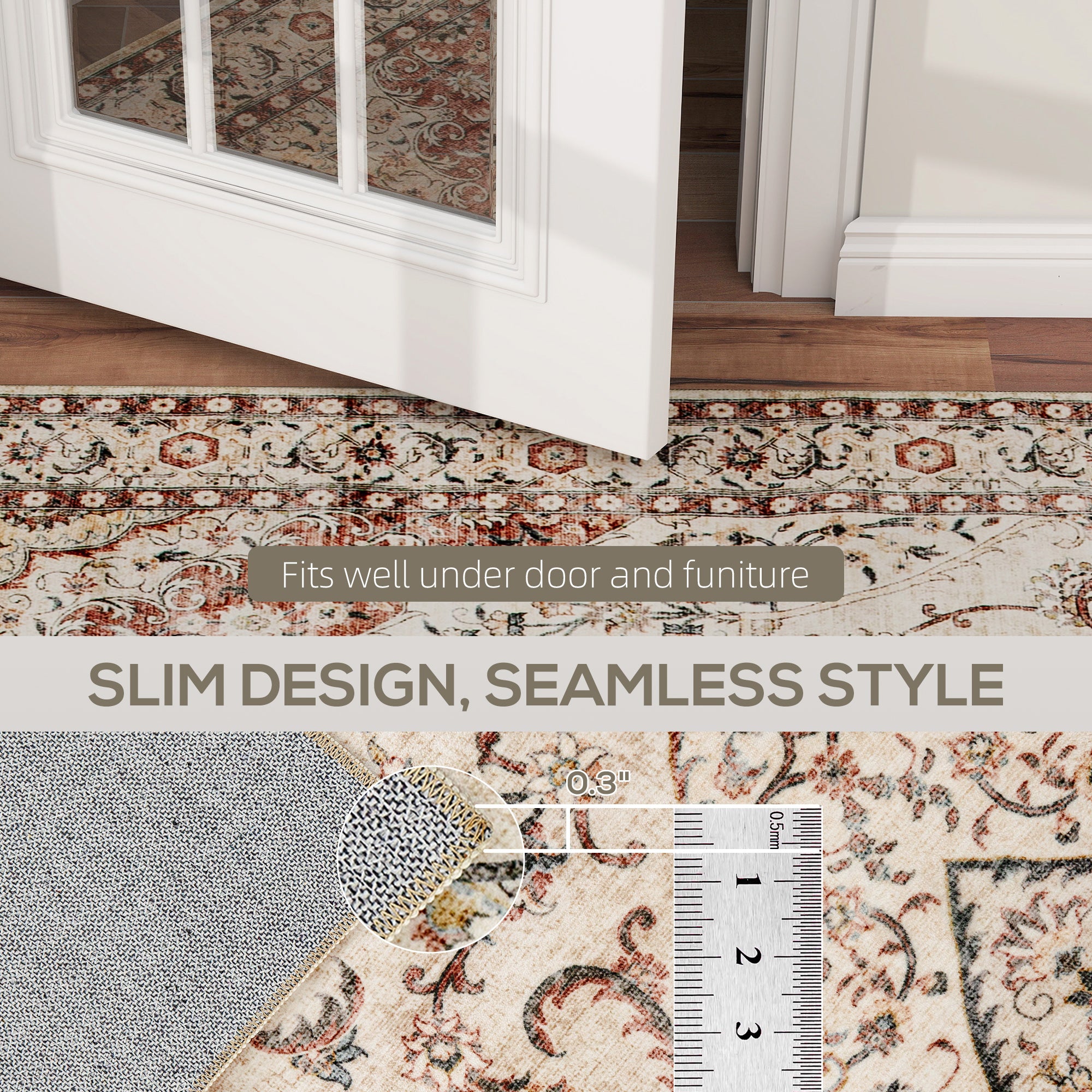Slim low-pile rug fits under doors and furniture