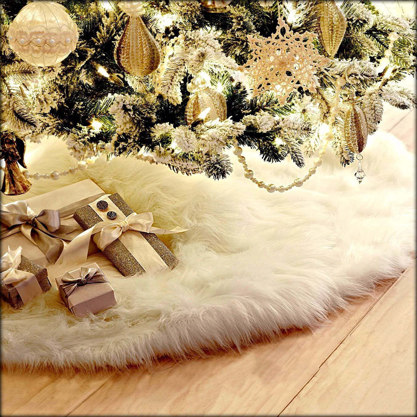 Plush Christmas Tree Skirt — skirt under a decorated tree