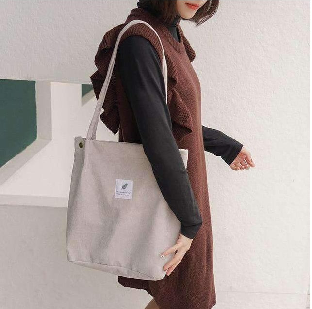 Gray corduroy everyday tote with inner pocket