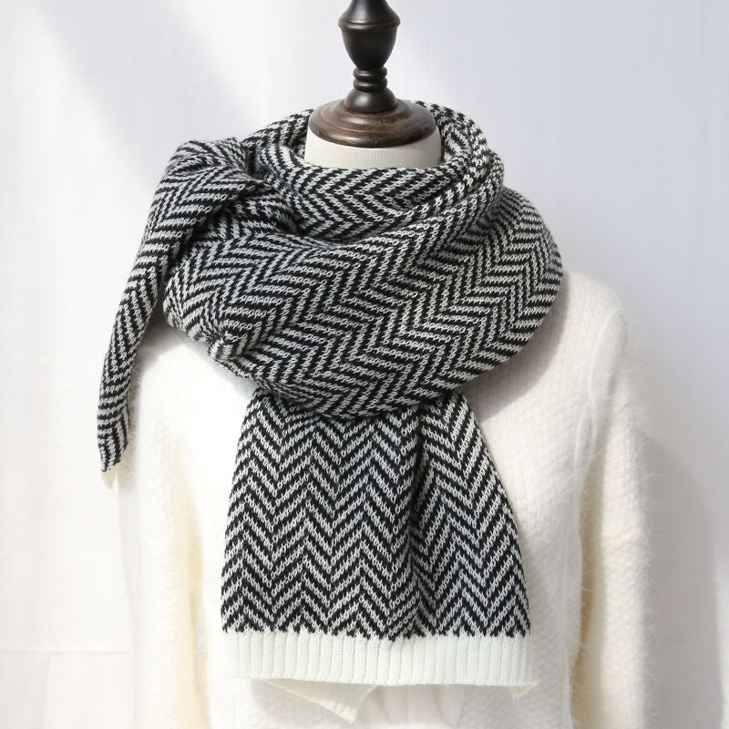 Herringbone Knit Scarf — black scarf styled on a mannequin