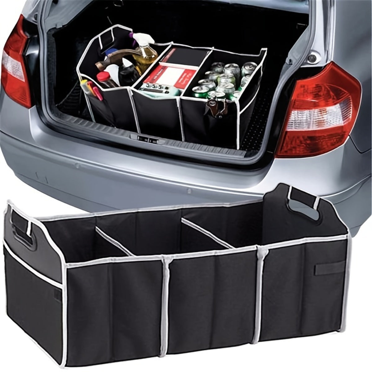 Folding trunk organizer holding supplies in the back of a car