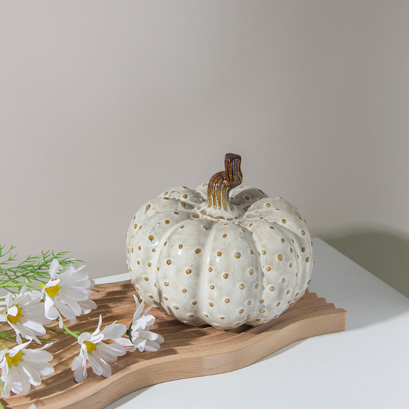 White Ceramic Pumpkin — styled on a wood board with flowers