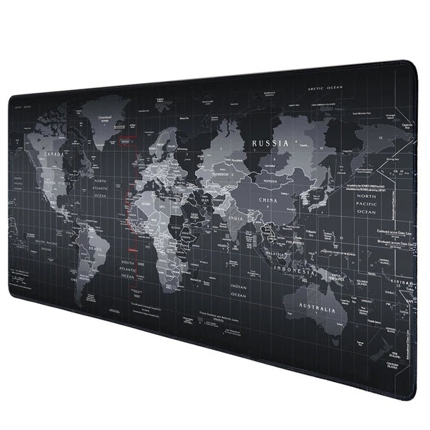 Black extended desk mat printed with a detailed world map