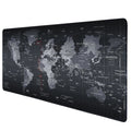 Black extended desk mat printed with a detailed world map