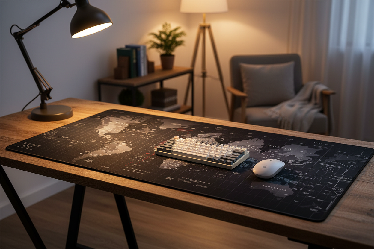 Black world map desk mat on a wooden desk with keyboard and mouse under warm lamp light