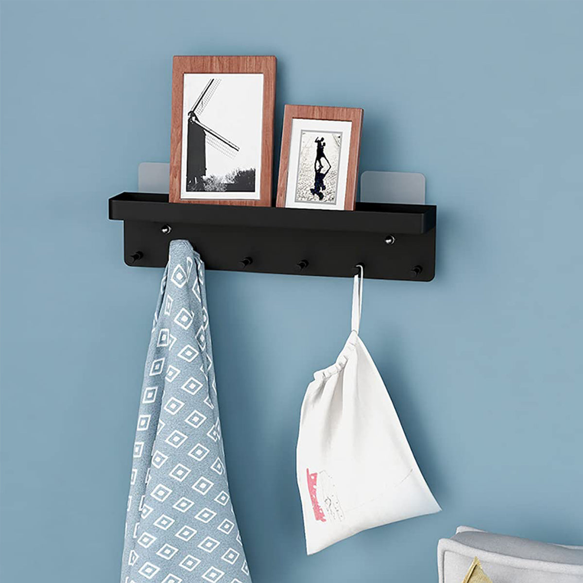Wall Key Holder with Shelf — mounted on wall with frames and hanging bag