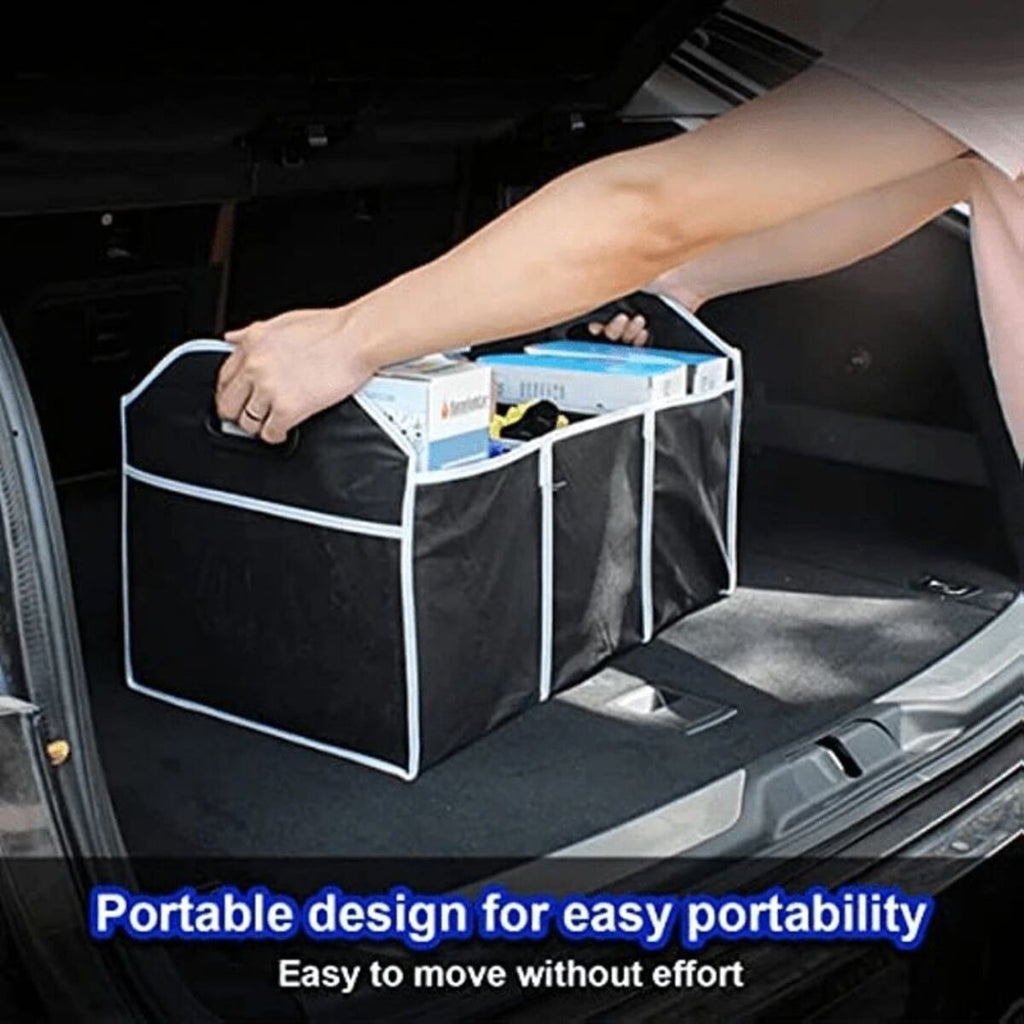 Carrying the trunk organizer by its sturdy handles for easy loading