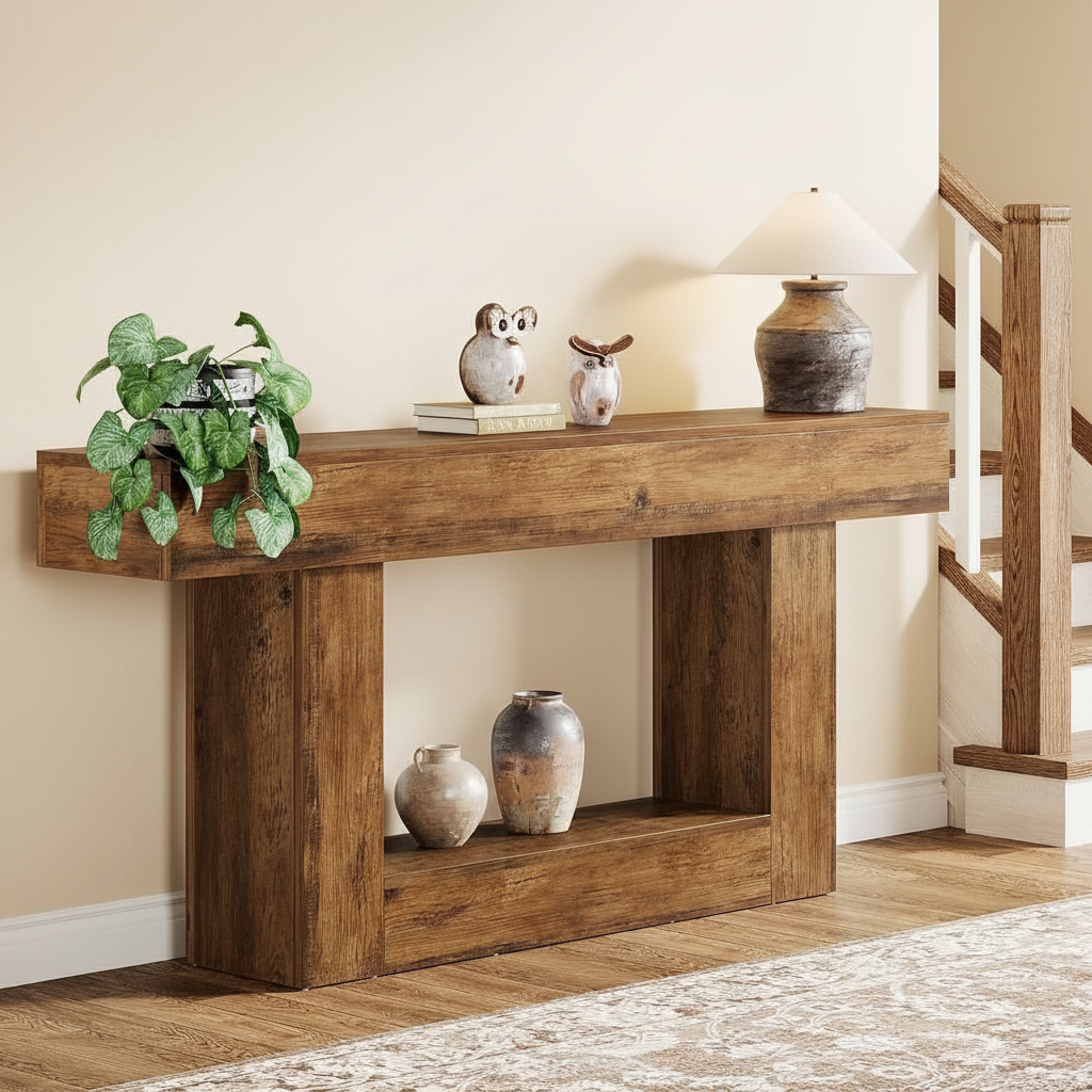 Farmhouse console table styled with a lamp, plant, and pottery against a cream wall in a bright entryway