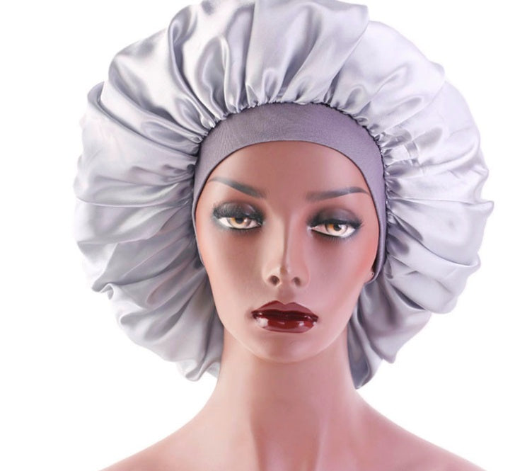 Satin Sleep Bonnet — silver bonnet, front view