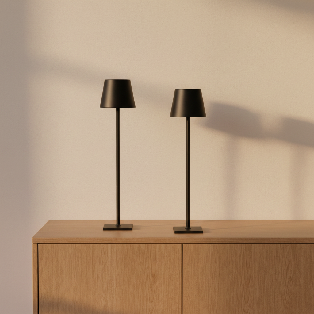 Two black cordless table lamps standing together on an oak sideboard against a warm cream wall