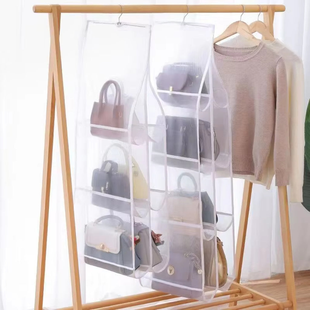 Hanging Closet Organizer — hanging on a wooden clothes rack with a sweater