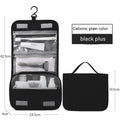 Black hanging toiletry bag open showing clear compartments and size details