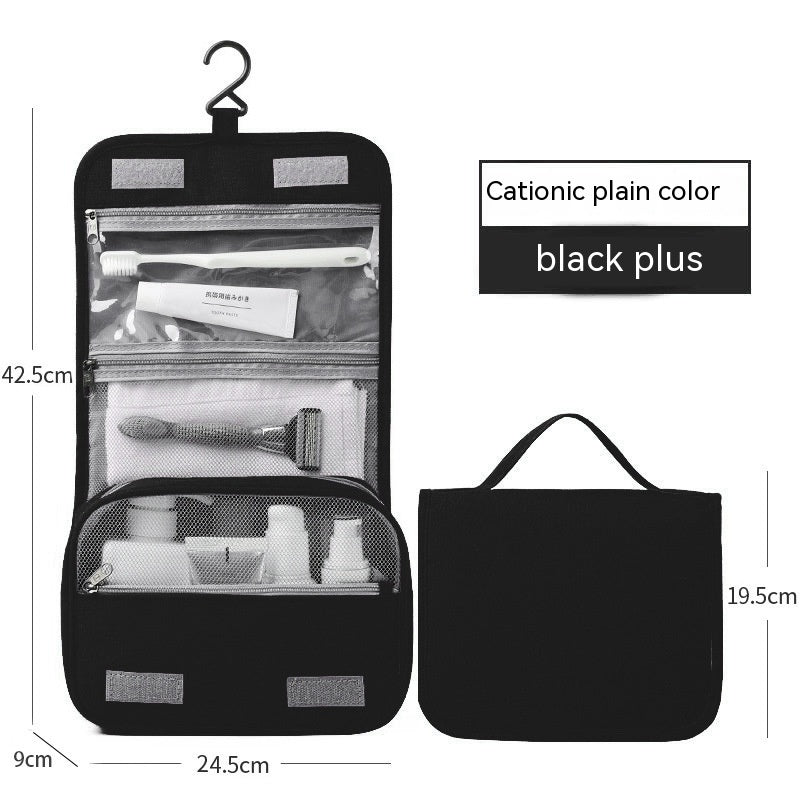 Black hanging toiletry bag open showing clear compartments and size details