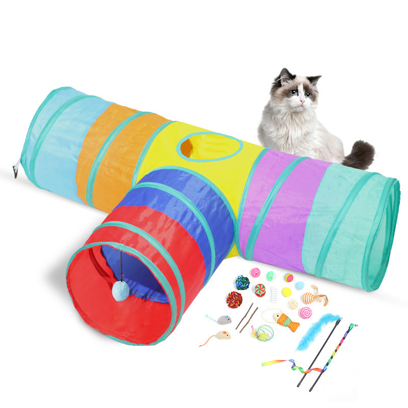 Rainbow cat tunnel with a cat resting on top