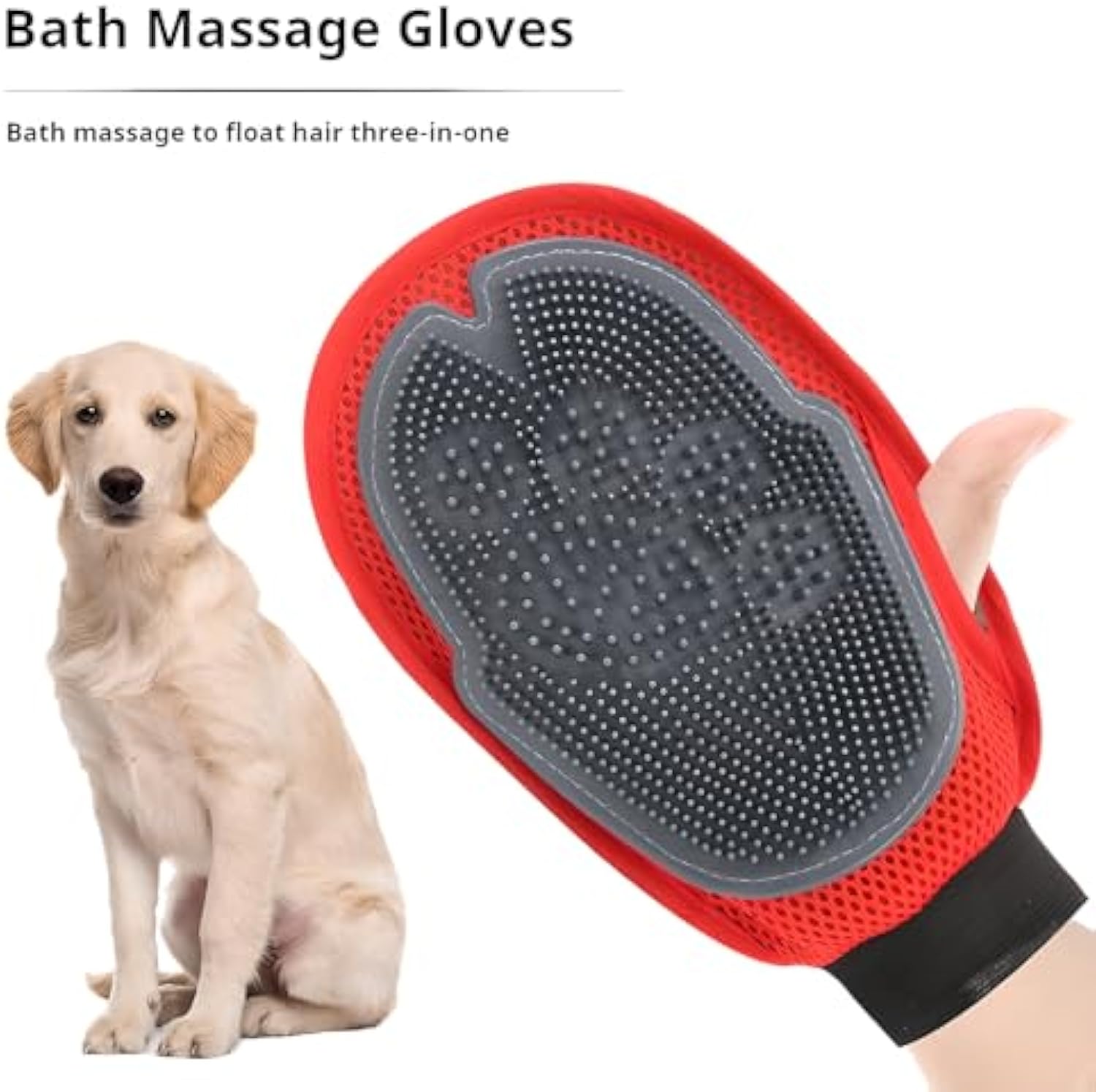 Pet grooming glove shown with puppy for gentle massage brushing