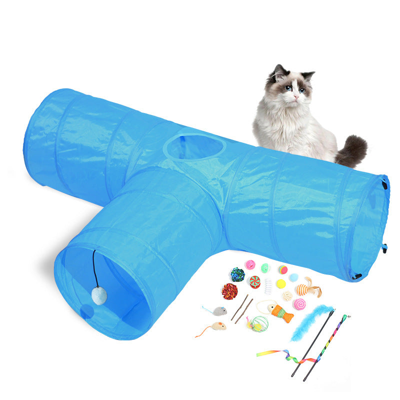 Cat playing on the blue three-way tunnel with toys