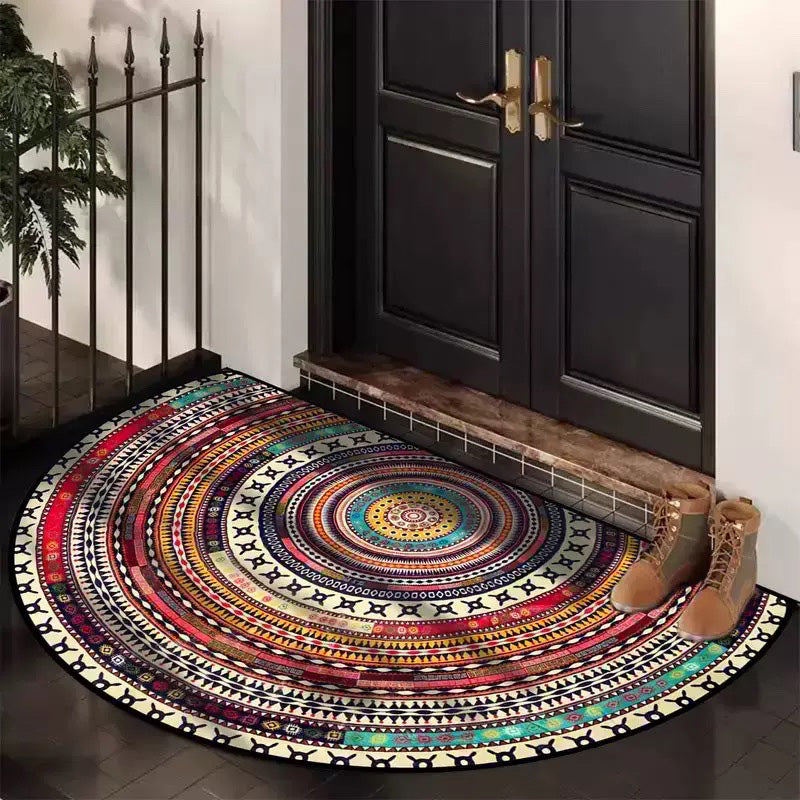Half-Round Medallion Door Mat — bohemian half-round mat at a black double front door