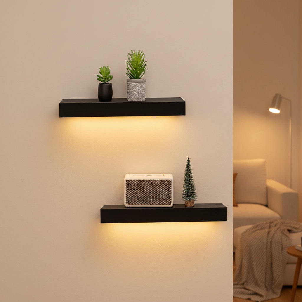 Two black LED floating shelves glowing warm on a cream wall in a cozy living room