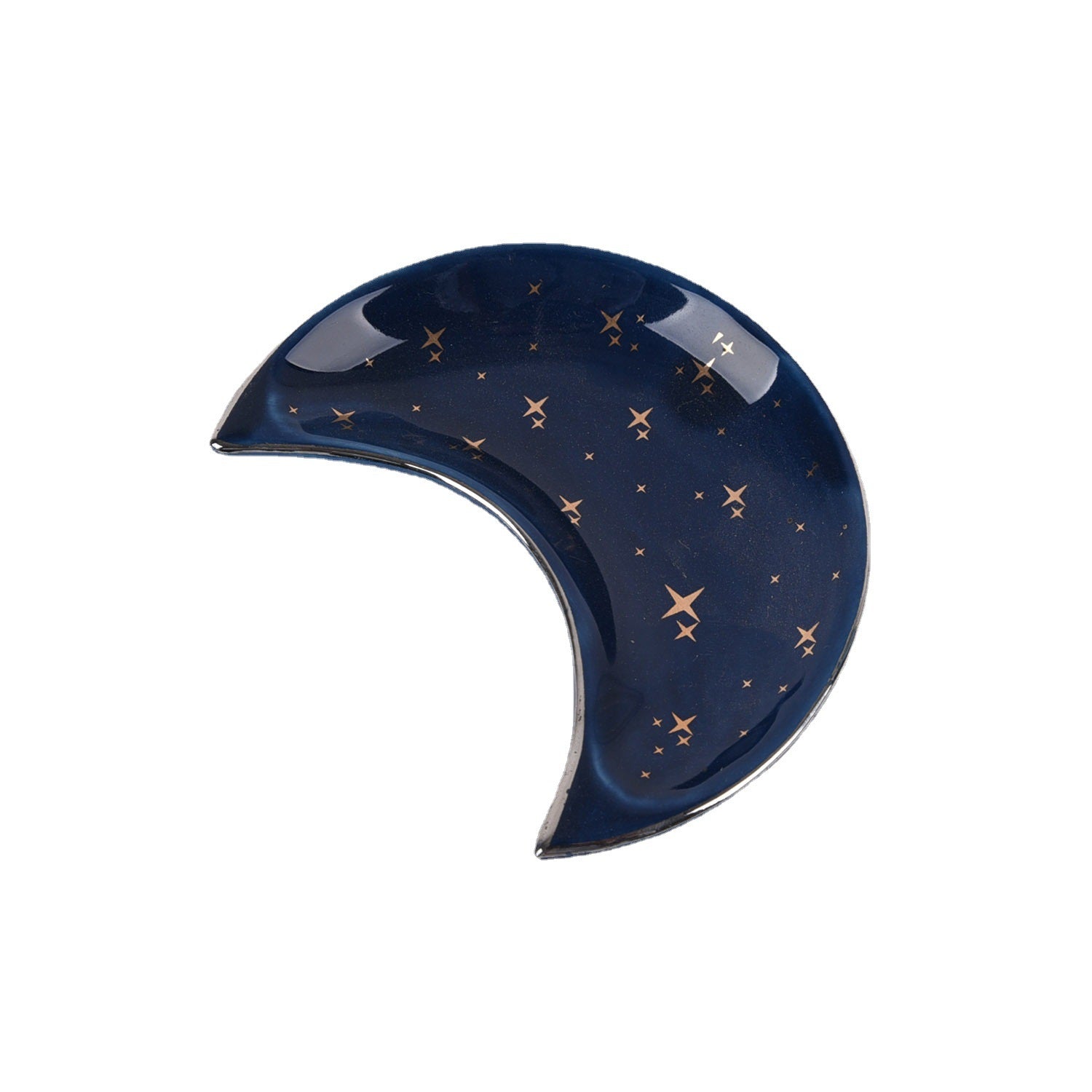 Moon Trinket Tray — navy tray, angled view