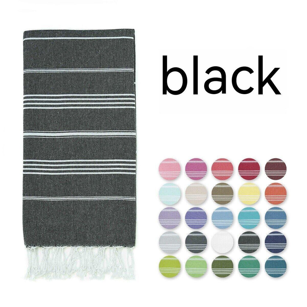 Black striped Turkish beach towel with fringed edge