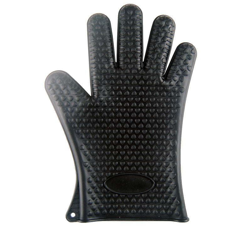 Black heat resistant silicone oven mitt with textured grip