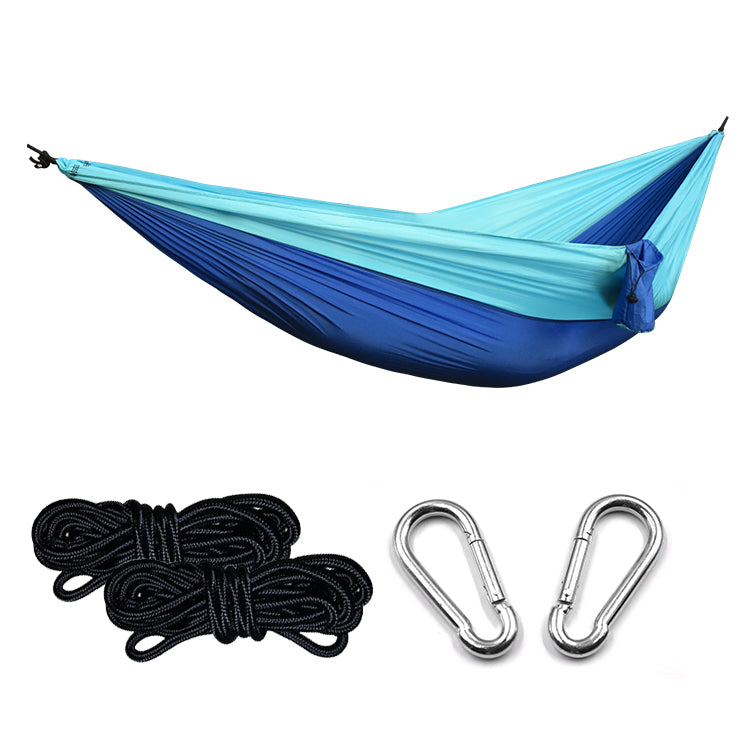 Camping Hammock — blue hammock with carabiners and ropes