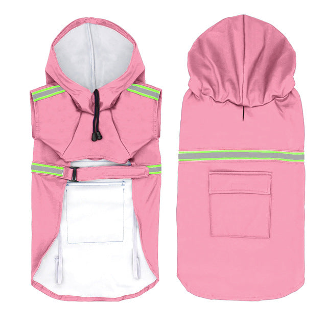 Reflective Dog Raincoat — pink raincoat, front and back views