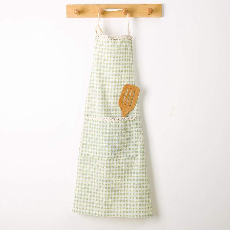 Cotton Linen Apron — green gingham apron on hanger