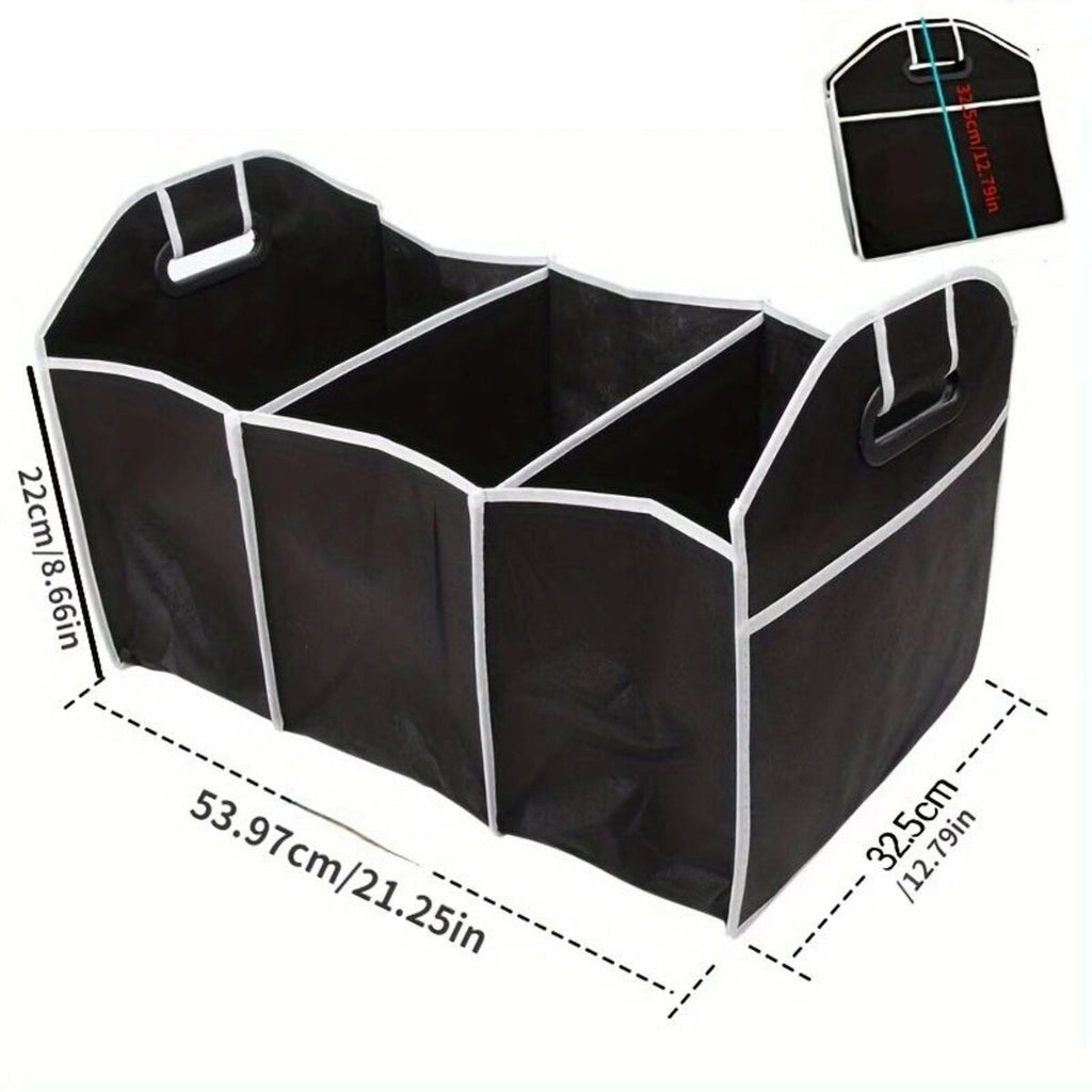 Black trunk organizer with dimensions and reinforced carry handles