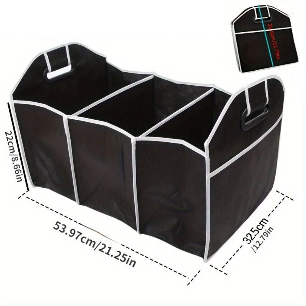 Black trunk organizer with dimensions and reinforced carry handles