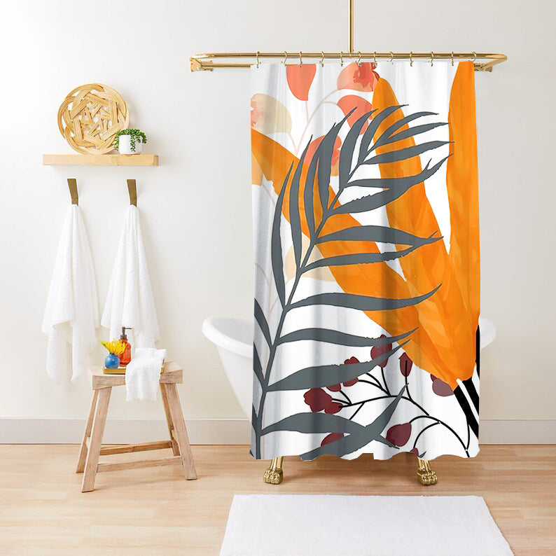 Shower curtain with orange autumn leaves design