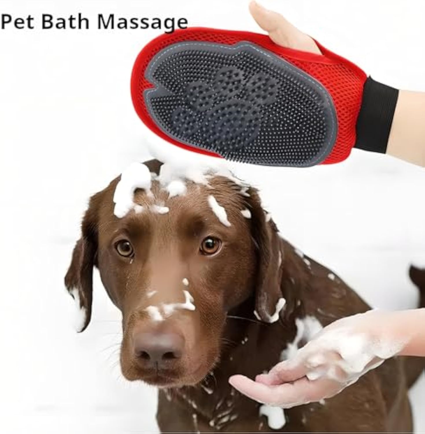 Washing a happy dog with the red pet grooming glove