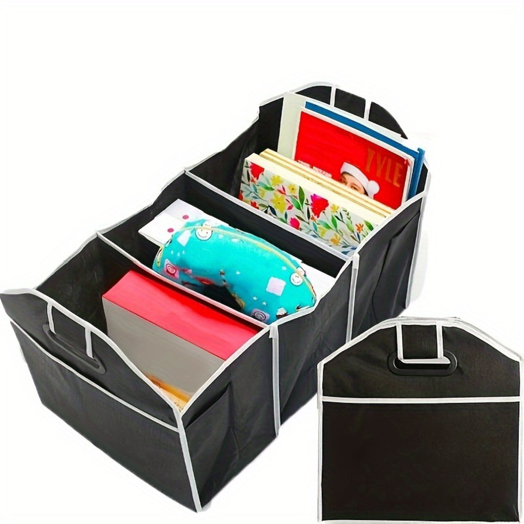 Trunk organizer compartments filled with snacks and bottles