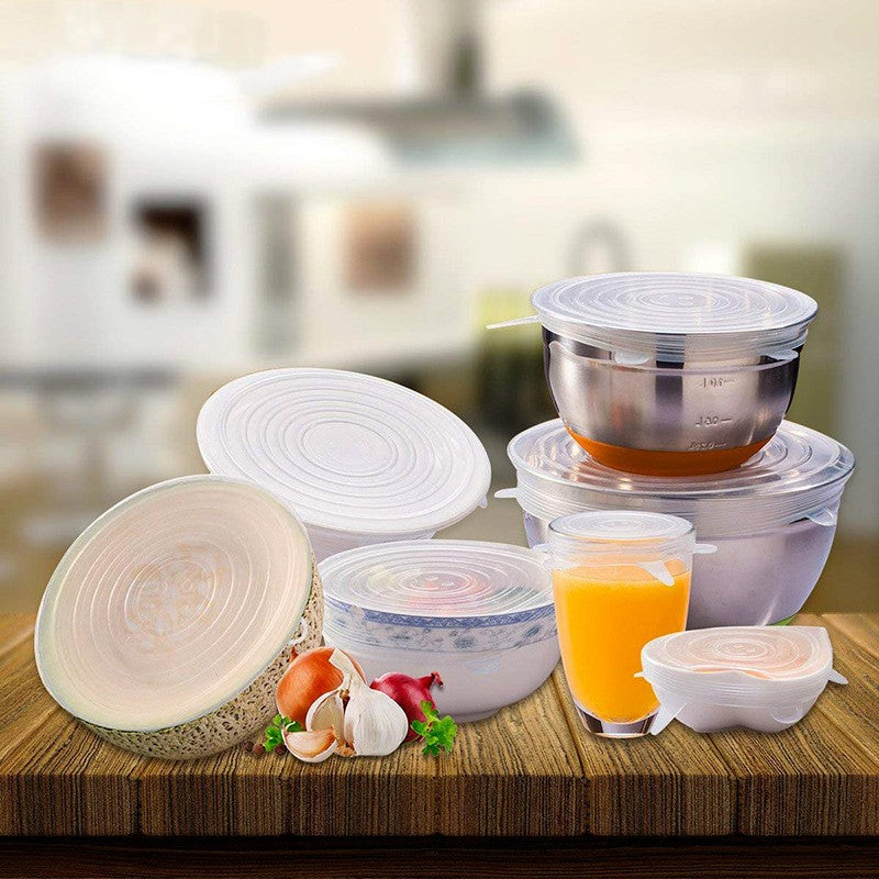Silicone Stretch Lids — lids covering bowls and glasses on a kitchen counter