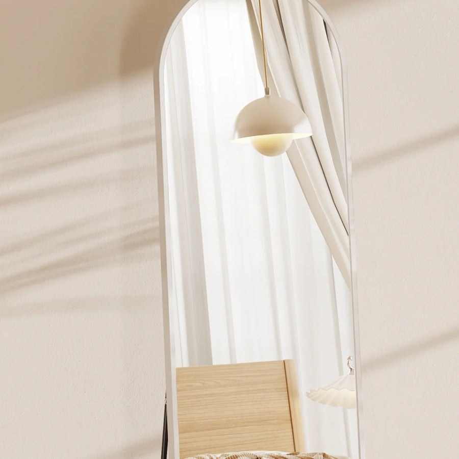 Arched Full-Length Mirror — close view of the white frame and reflection