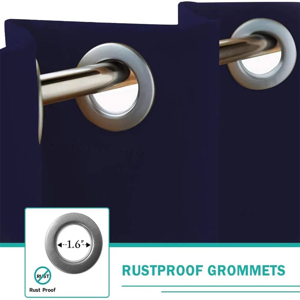 Close-up of rustproof grommet on navy outdoor curtain