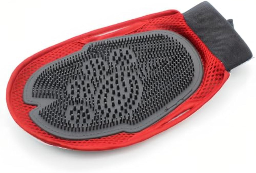 Red pet grooming glove with soft silicone bristle palm